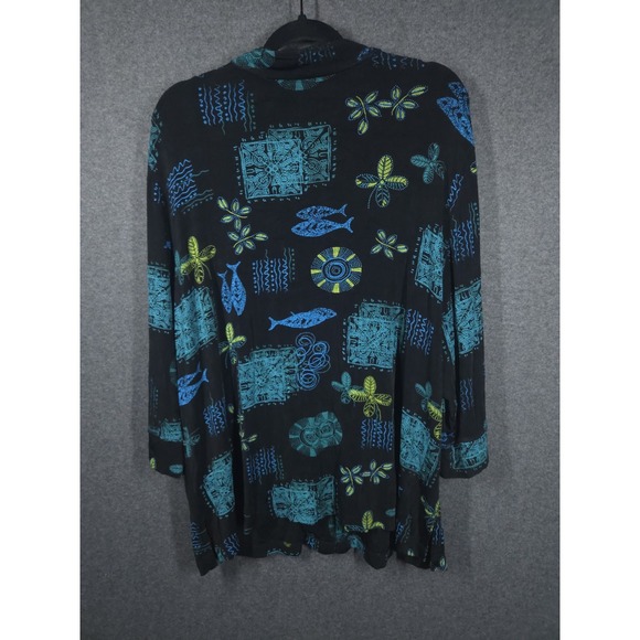 Vtg Vikki Vi Womens 2X Slinky Knit Blouse Black Fish Print Button‎ Front 90s Y2K - Picture 8 of 12